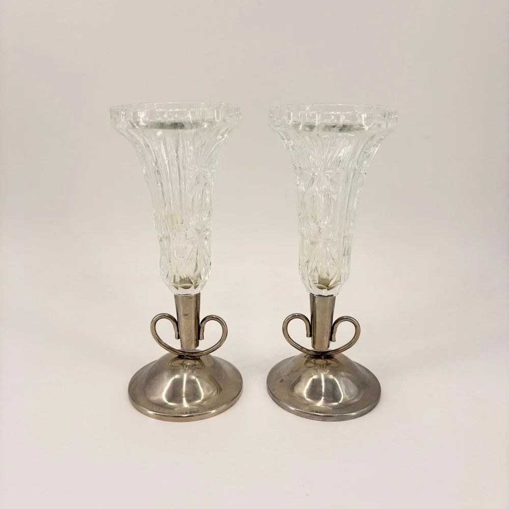 Vintage Cut Glass Candle Holders Pair Silver Tone Art Deco Wedding‎ Decor